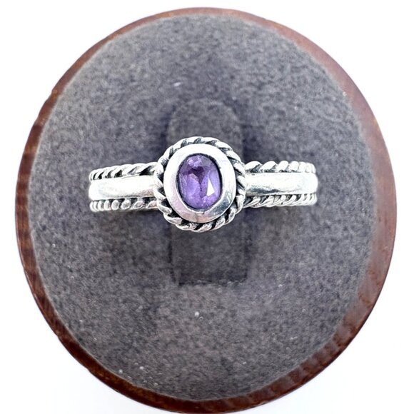 VTG Solid Sterling Silver 925 Amethyst Bezel Set Rope Border Ring Size 7.75 - Picture 1 of 9